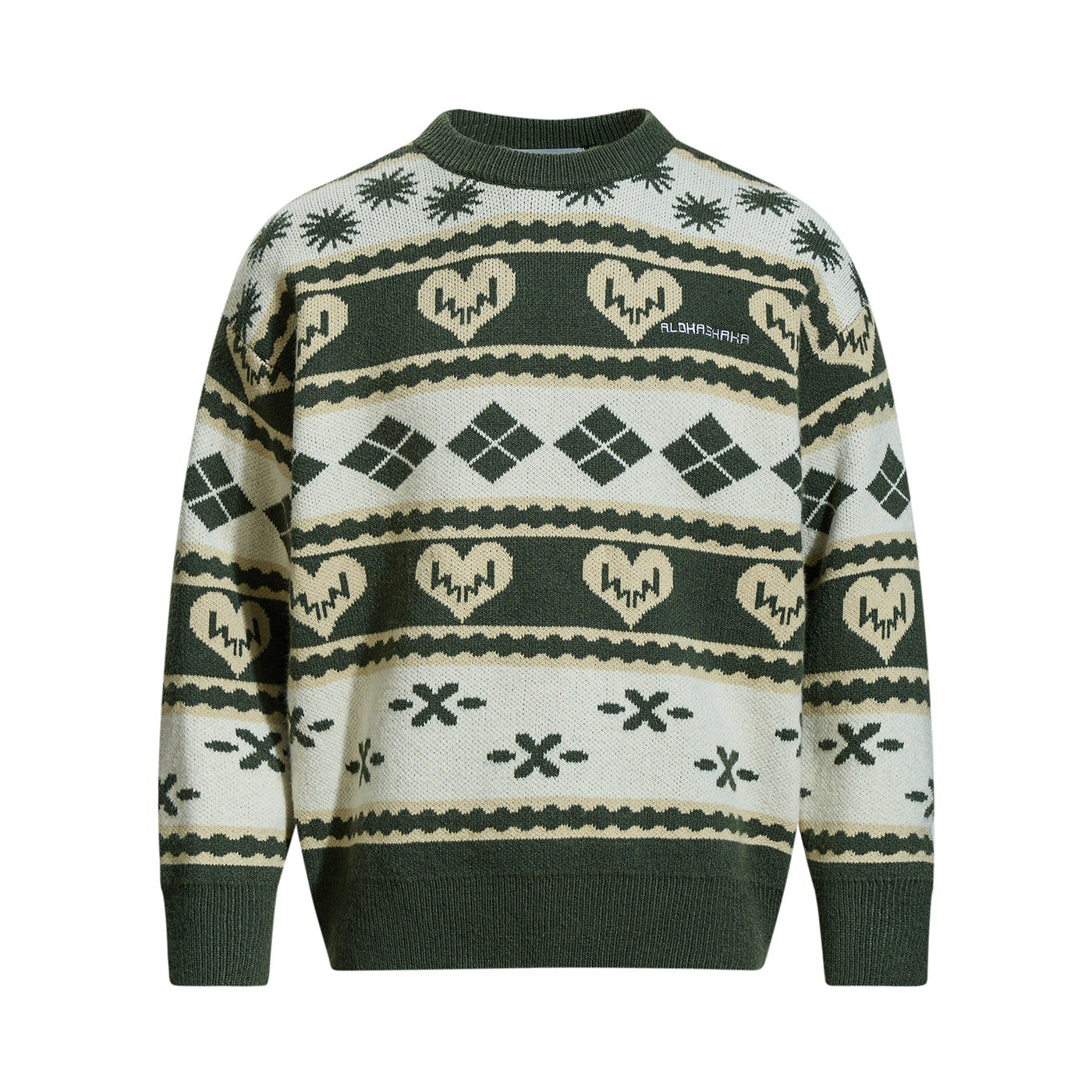 Men's Patterned Chunky Knit Sweater in Norwegian Style with Round Neck