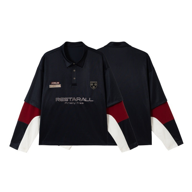 Unisex Long Sleeve Rugby Polo in Oversized Cut with Colorblock Sleeves and Logo Embroidery Chichicherry