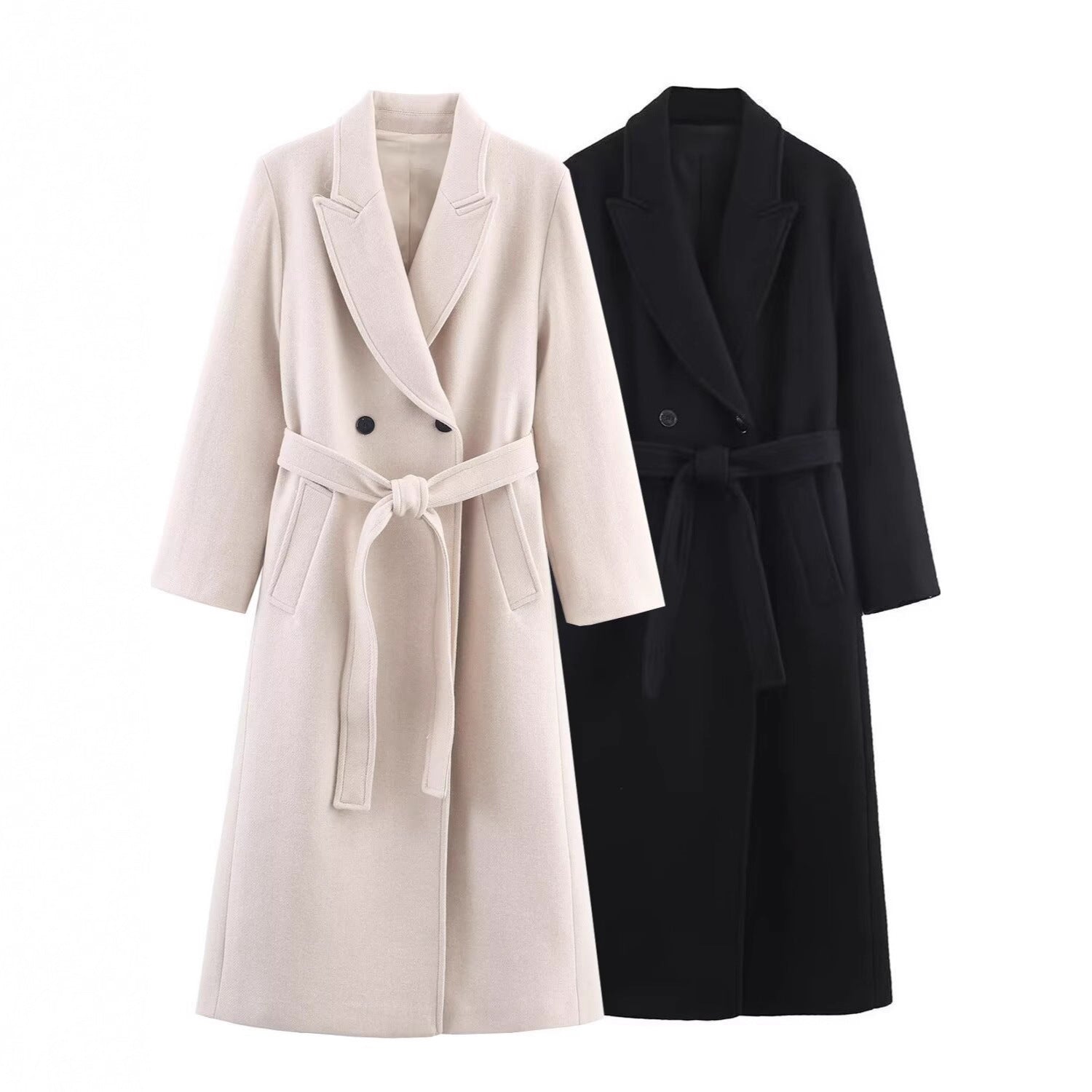 Women Long Tailored Wool Blend Coat with Tie Belt and Lapel Collar Chichicherry