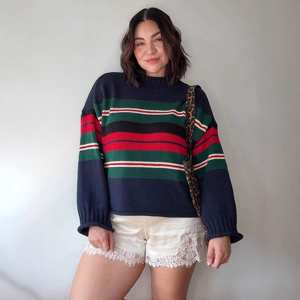 Women Striped Oversize Knit Sweater with Raglan Sleeves Chichicherry