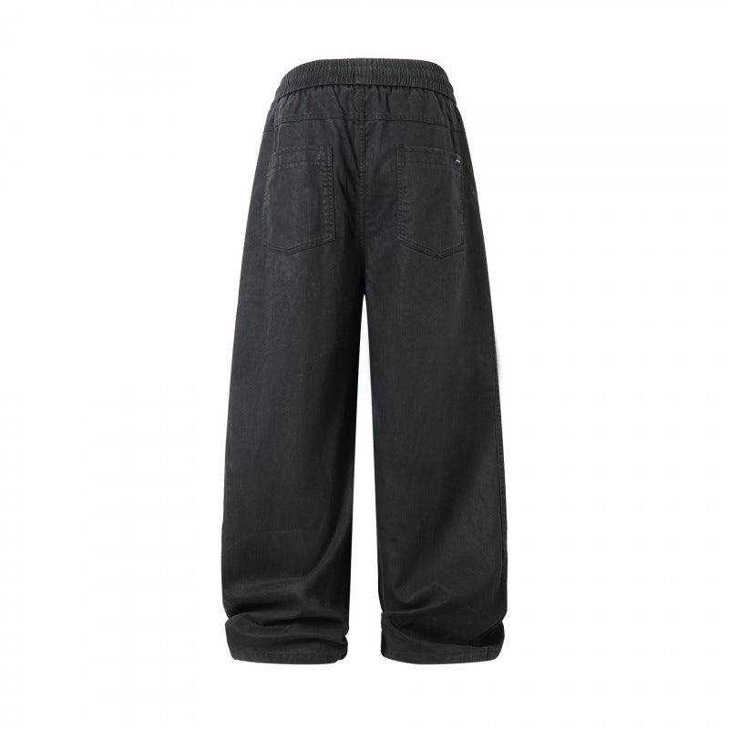 Unisex Loose Denim Pants with Elastic Waistband, Drawstring and Five Pockets Chichicherry