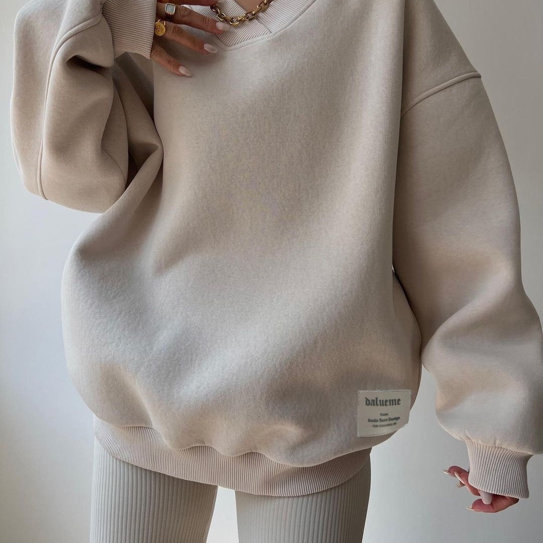 Damen Oversized Sweatshirt mit V-Ausschnitt und geripptem Kragen Chichicherry