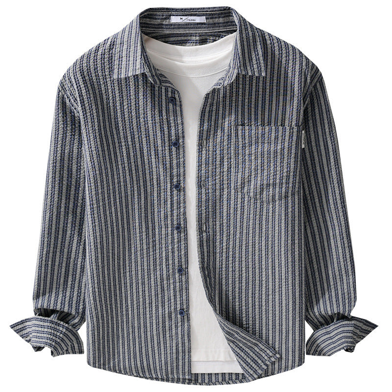 Men Striped Relaxed Overshirt made of textured cotton blend with chest pocket Chichicherry