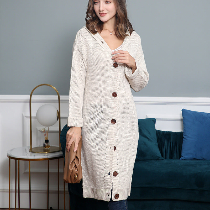 Women's Hooded Long Cardigan made of medium-thick ribbed knit with a full button placket and loose oversized cut Chichicherry