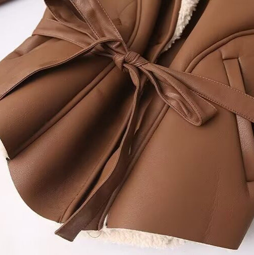 Women's Short Faux Leather Jacket with Teddy Lining, Shawl Collar and Waist Belt Chichicherry