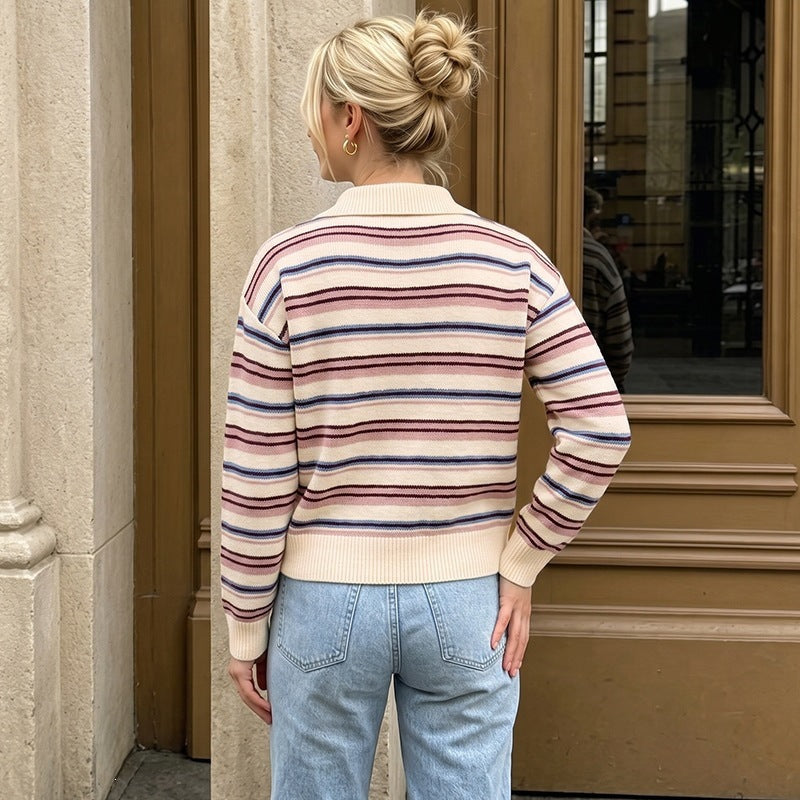Women's Striped Polo Collar Knit Sweater with Relaxed Fit Chichicherry