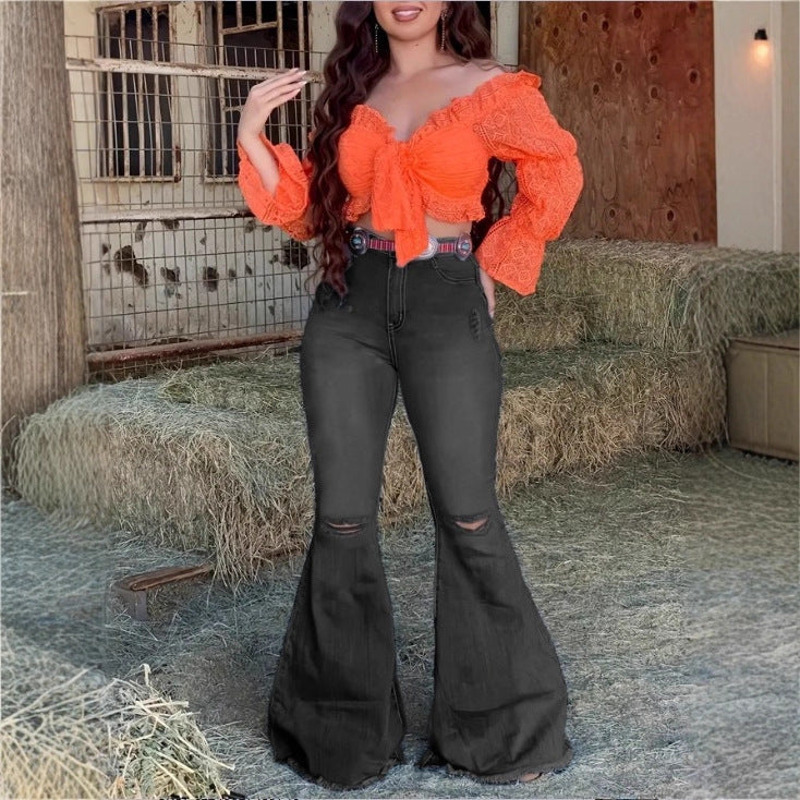 Women's High-Waisted Flared Jeans with Flared Leg, Knee Rips, and Figure-Enhancing Stretch Waistband Chichicherry