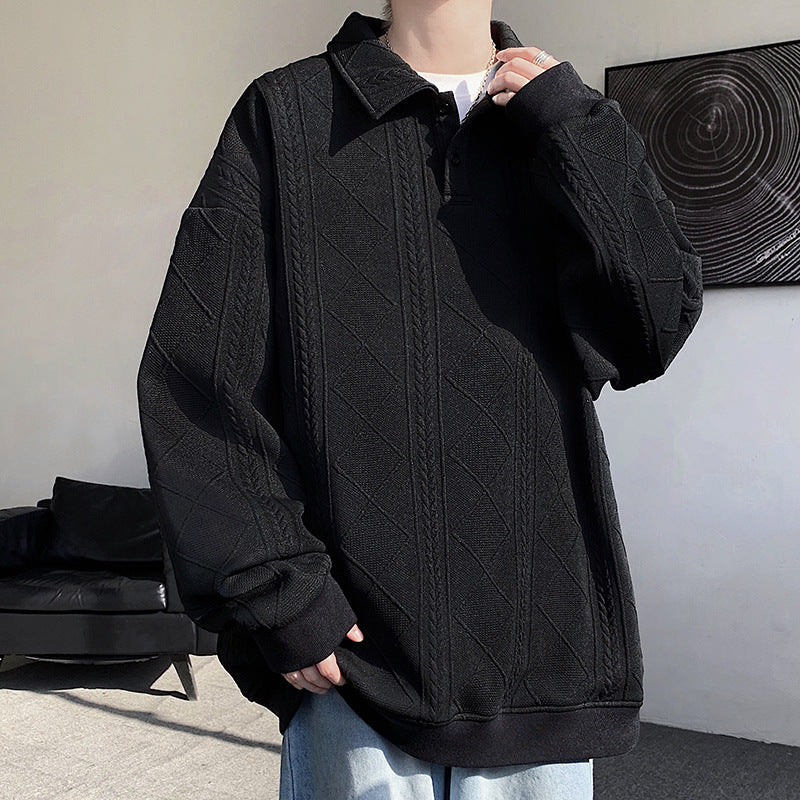Men's Oversize Polo Knit Sweater with Diamond and Cable Knit Structure Chichicherry