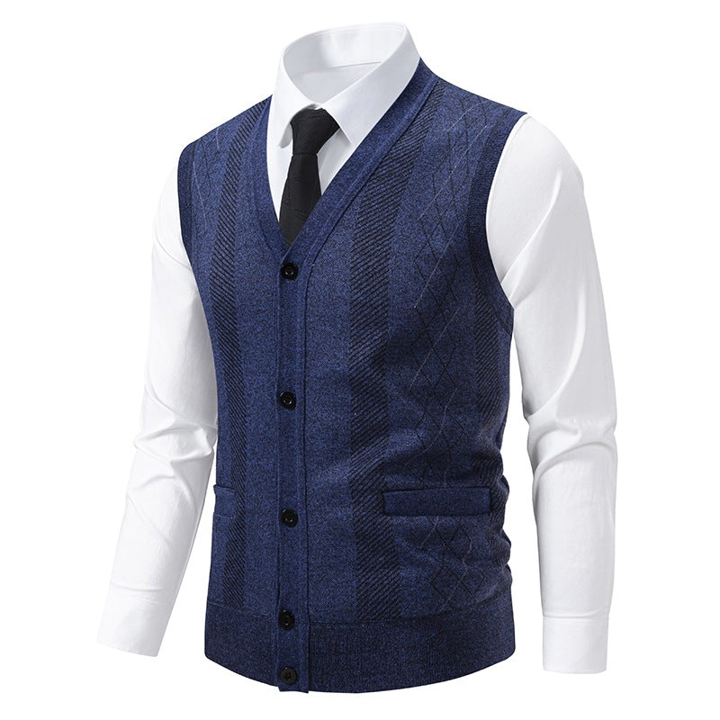 Men's Tailored Fine Knit Vest with V-Neck, Button Placket, and Side Pockets Chichicherry