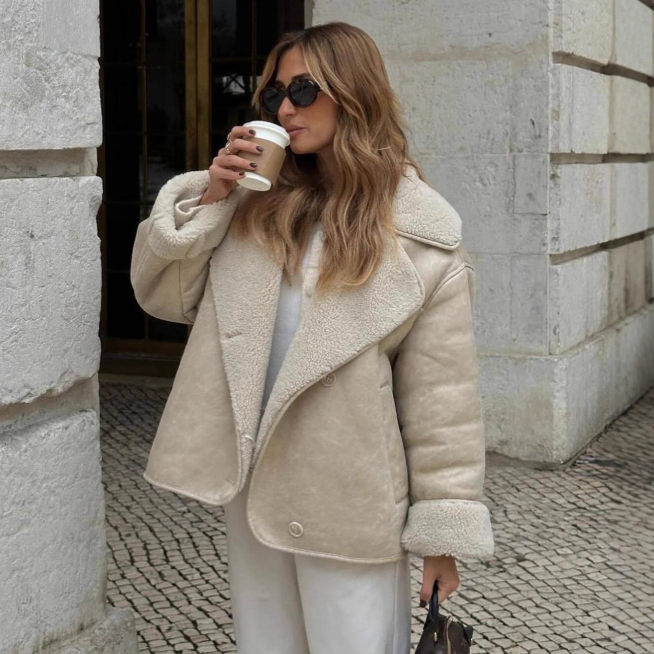 Ladies short jacket in lamb fur look with shawl collar and side patch pockets Chichicherry