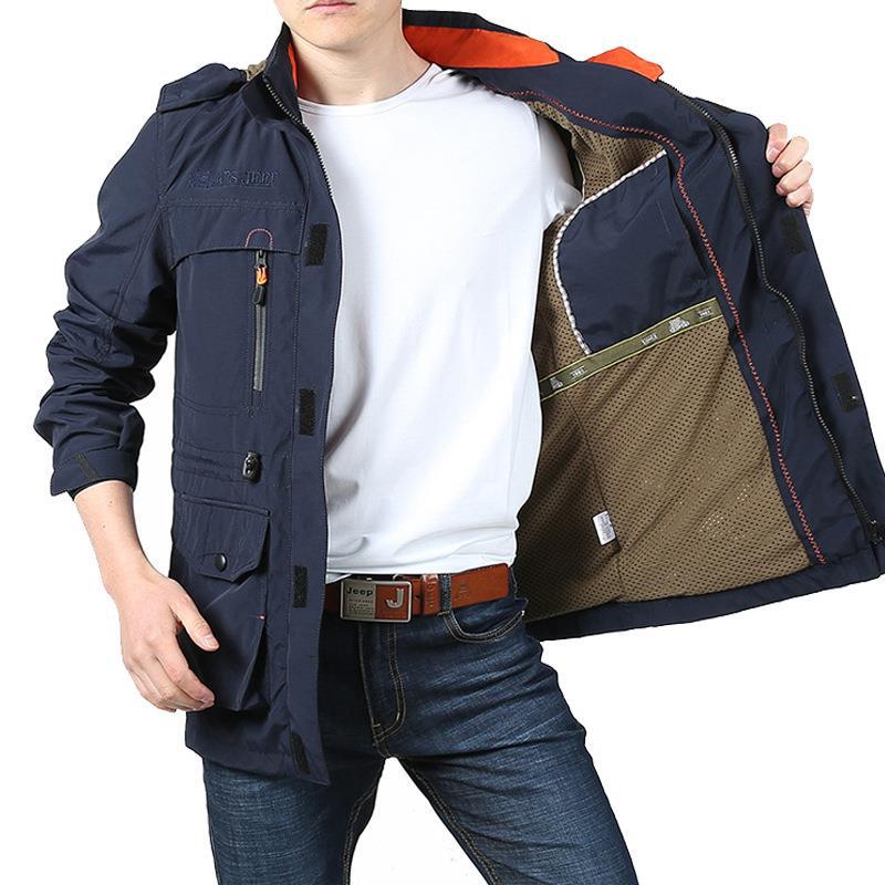 Men's Utility Field Jacket with Hood, Multifunction Pockets and Drawstring Waist Chichicherry