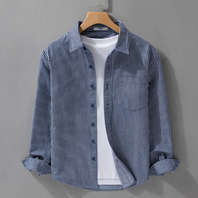 Men's lightweight pinstripe shirt in layering overshirt style with a Kent collar and patched chest pocket Chichicherry