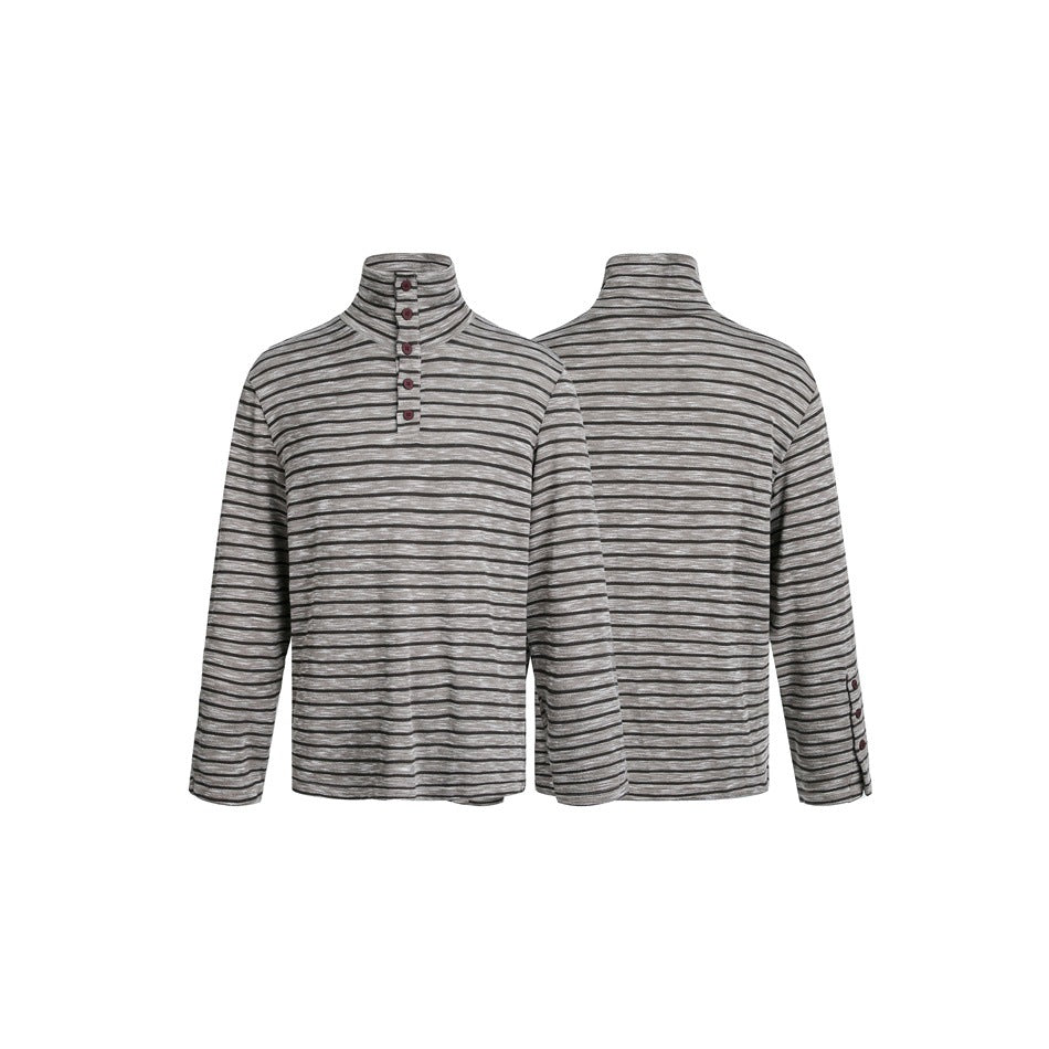 Men's Striped Turtleneck Sweater with Button Placket and Relaxed Fit Chichicherry