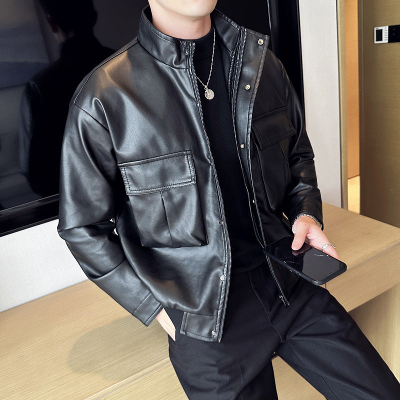 Men's Faux Leather Bomber Jacket with Large Flap Pockets, Stand Collar and Ribbed Hem Chichicherry