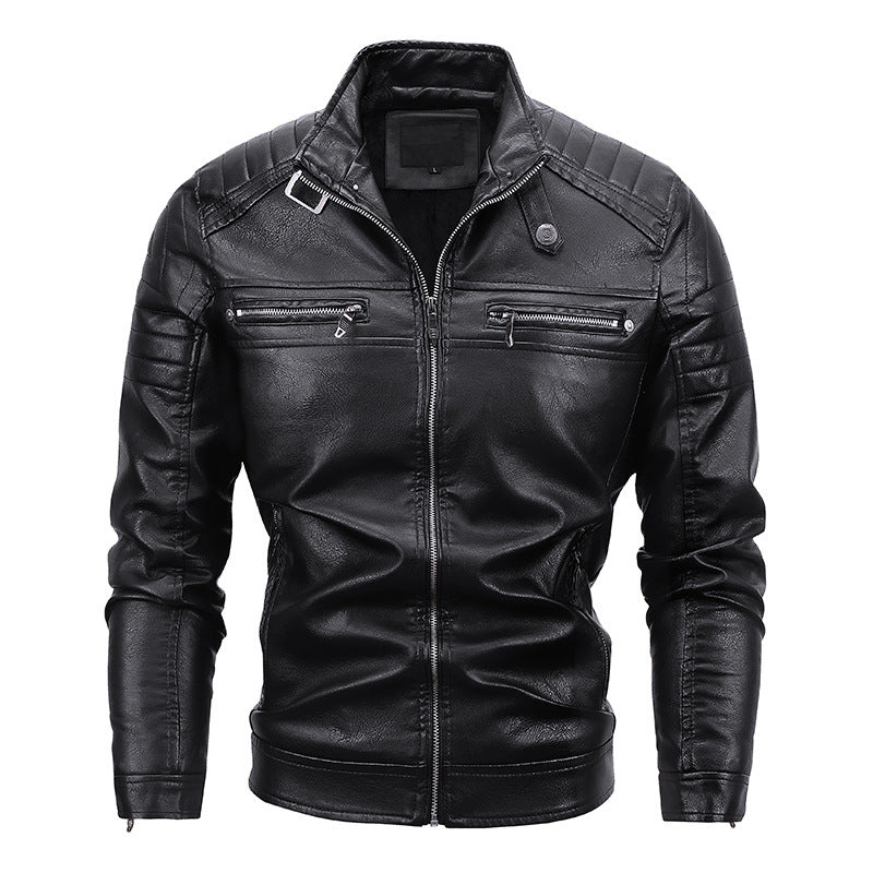 Men's Slim-Fit Faux Leather Biker Jacket with Quilted Shoulder Yoke and Zipper Chichicherry