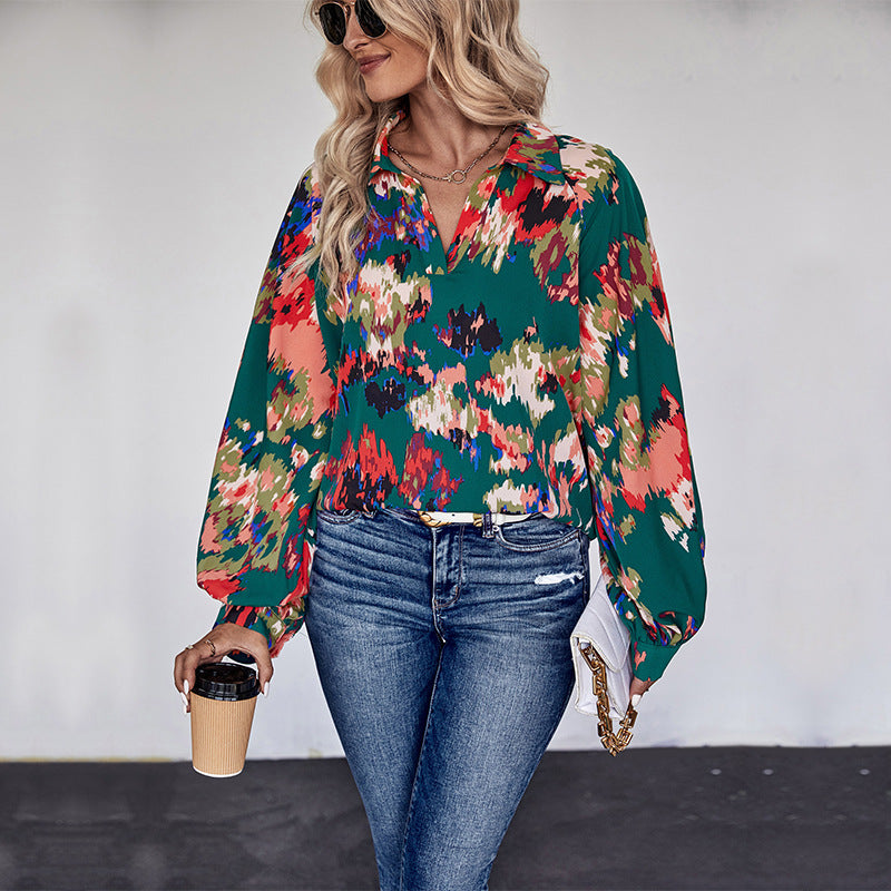 Women’s Loose Blouse Shirt with Shirt Collar, Abstract Print and Balloon Sleeves Chichicherry