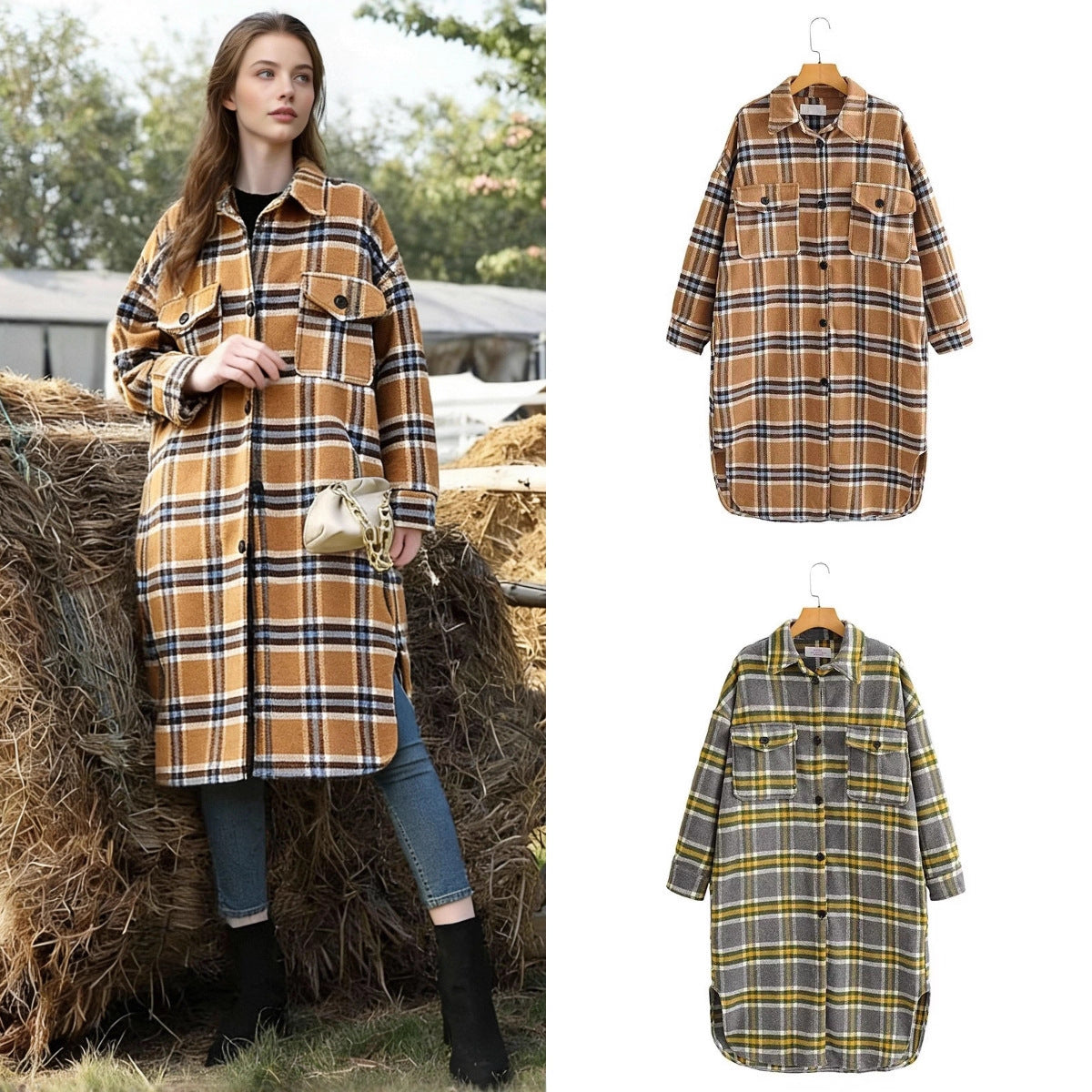 Women's Oversize Check Shirt Jacket in Longline Cut with Patch Chest Pockets Chichicherry