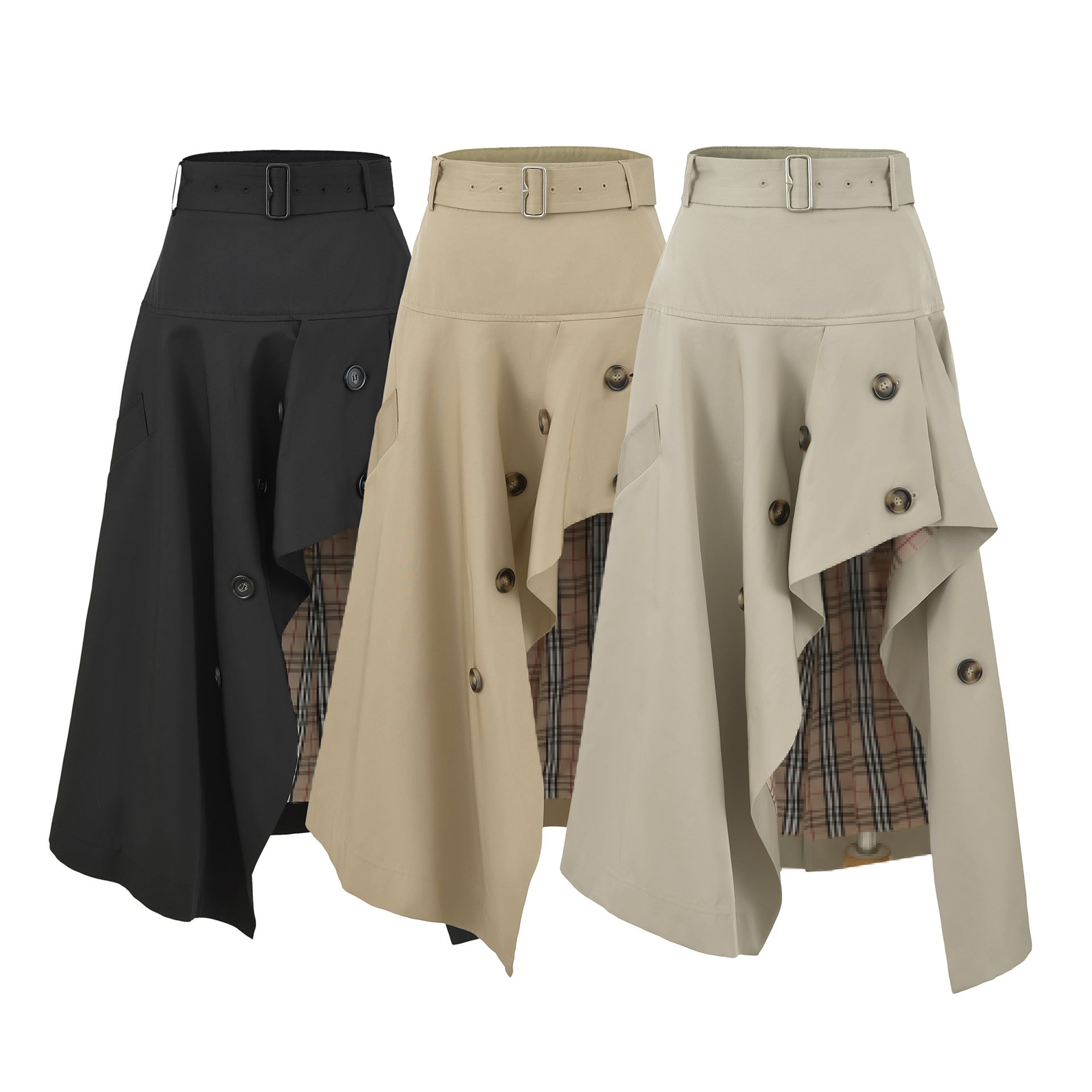 Women's Asymmetrical Trench Skirt with Waist Belt and Decorative Buttons Chichicherry