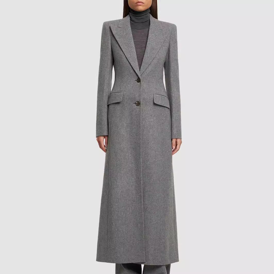 Women's Maxi Long Wool Blend Blazer Coat with Distinctive Shoulder Design Chichicherry