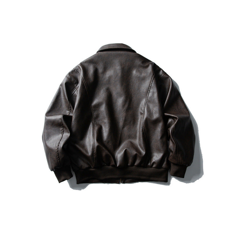 Men's leather bomber jacket in boxy cut with full-length zipper and ribbed hem Chichicherry