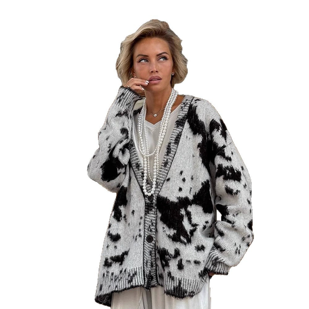 Women’s Oversized Knitted Cardigan with Tie-Dye Pattern, V-Neck and Button Placket Chichicherry