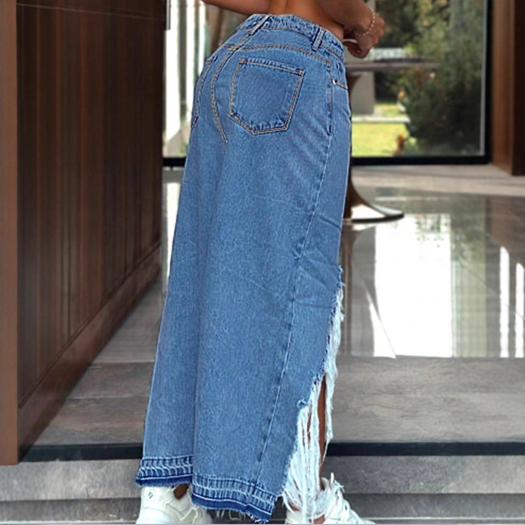 Women's High-Cut Denim Midi Skirt with Deep Front Slit, Destroyed Detail and Raw Fringe Hem Chichicherry