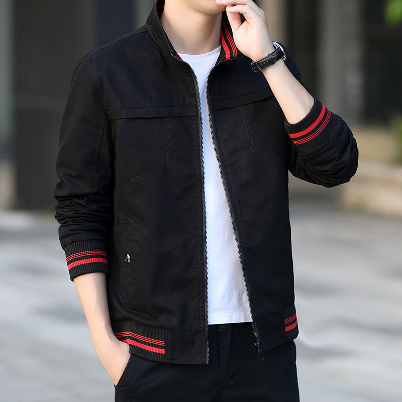 Men's modern canvas bomber jacket in worker style with striped ribbed cuffs and zipper Chichicherry