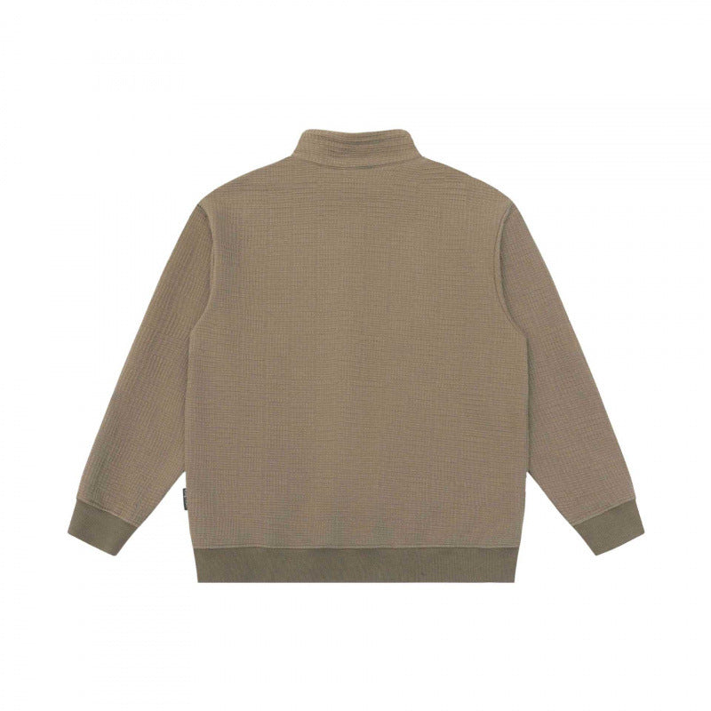 Unisex Oversize Waffle Structure Half-Zip Sweater with Stand-Up Collar Chichicherry
