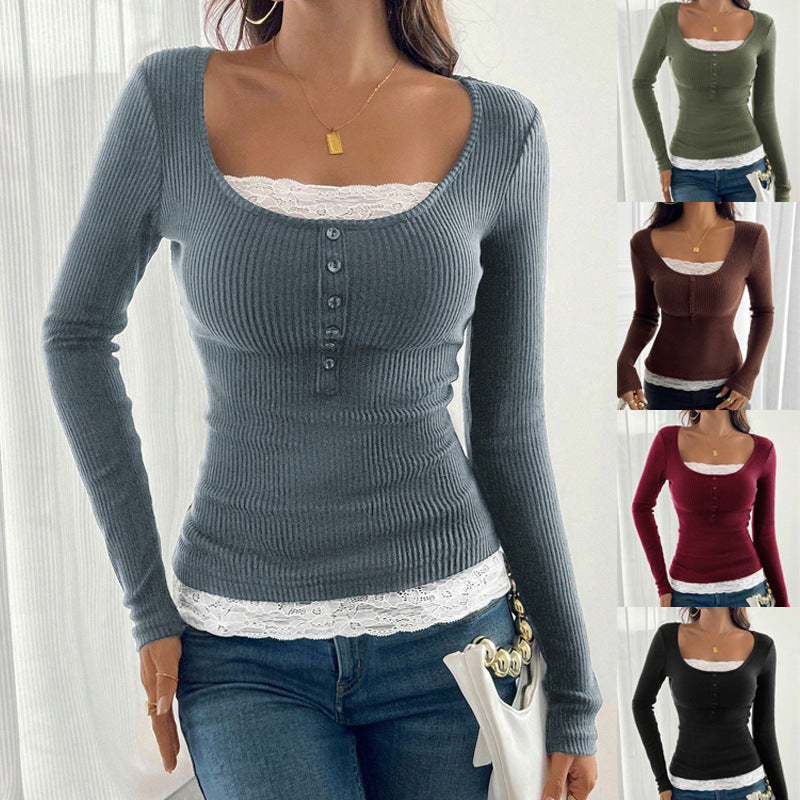 Women’s ribbed top with deep scoop neckline, decorative button placket and lace insert Chichicherry