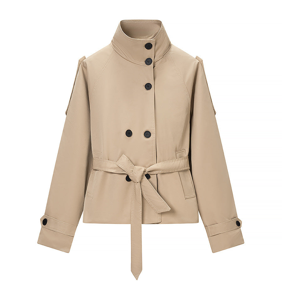 Ladies short tailored trench coat with high button placket and waist belt Chichicherry