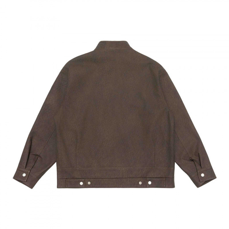 Unisex Boxy Shirt Jacket in Worker Style with Stand Collar, Front Zipper and Flap Pockets Chichicherry
