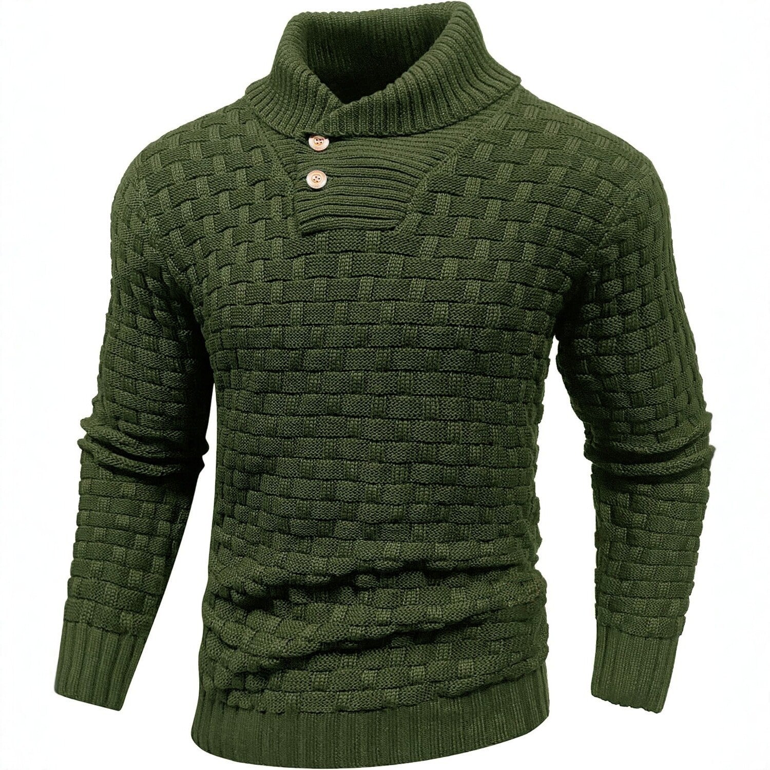 Men's chunky knit sweater with high roll neck, button placket and basket knit Chichicherry