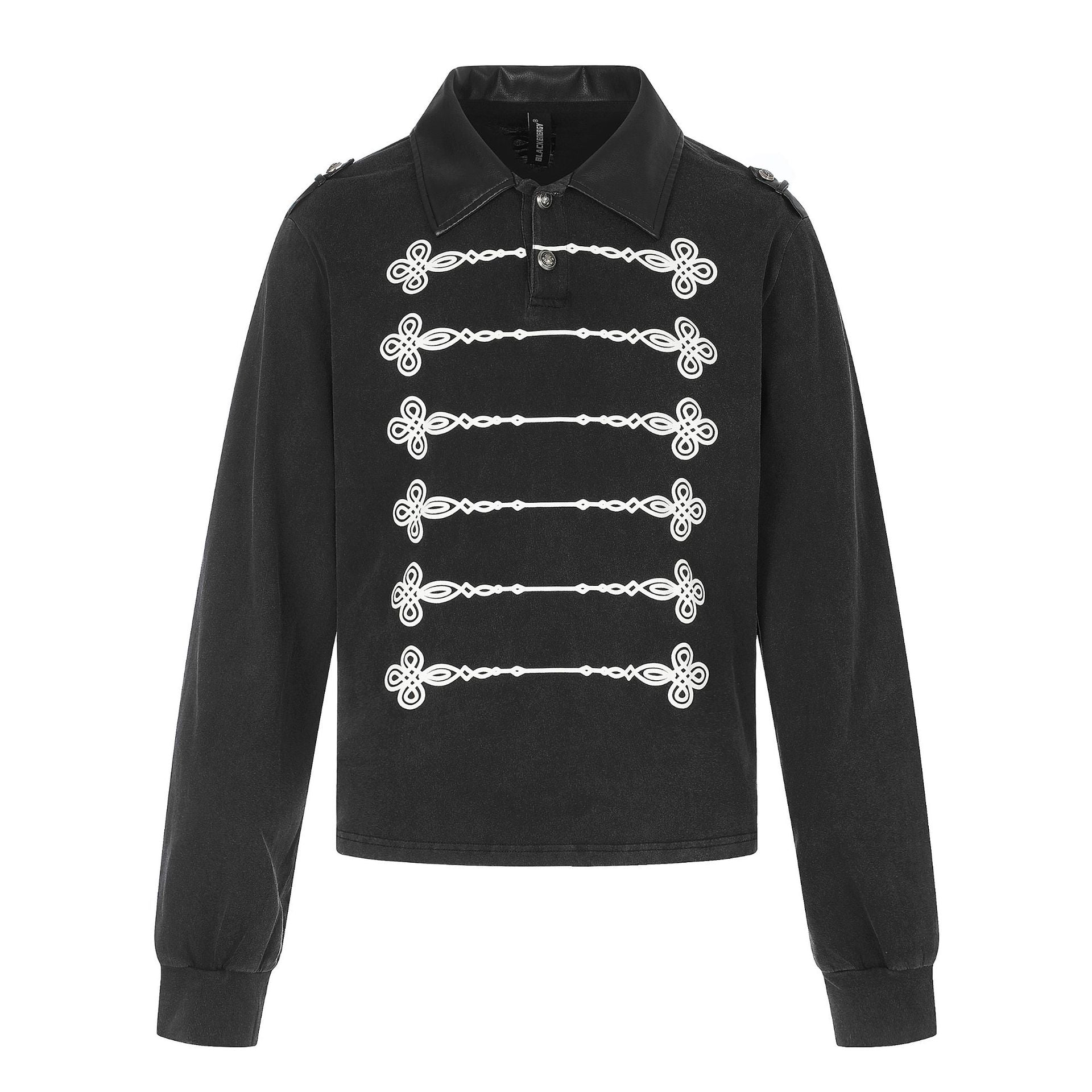 Women's polo sweatshirt in military style with decorative cord prints and leather collar Chichicherry