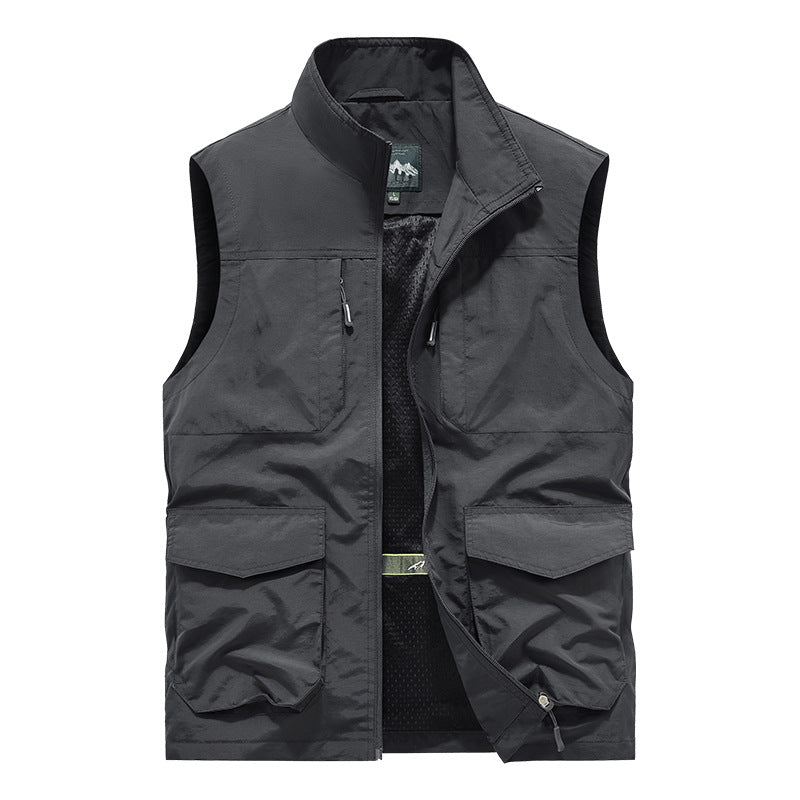 Men's Utility Outdoor Vest with Multiple Pockets, Mesh Lining & Stand Collar Chichicherry
