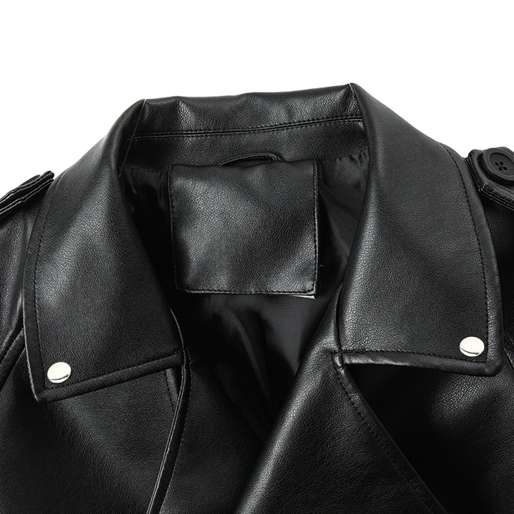 Women's Cropped Biker Trench made of soft faux leather with shoulder straps and buckle cuffs Chichicherry