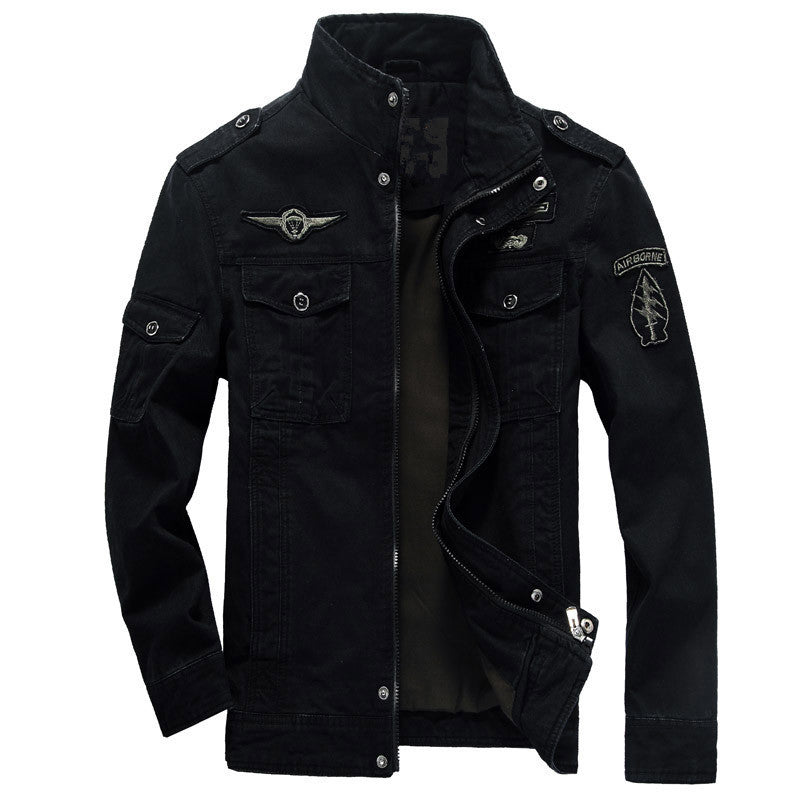 Men's canvas field jacket in military utility style with stand-up collar, epaulettes, and multifunctional pockets Chichicherry