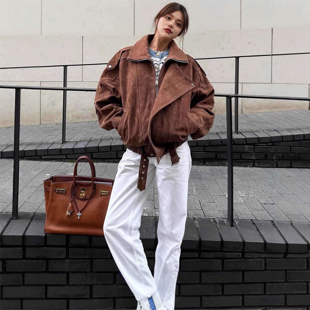 Women Oversized Suede Bomber Jacket with Waist Belt and Shawl Collar Chichicherry