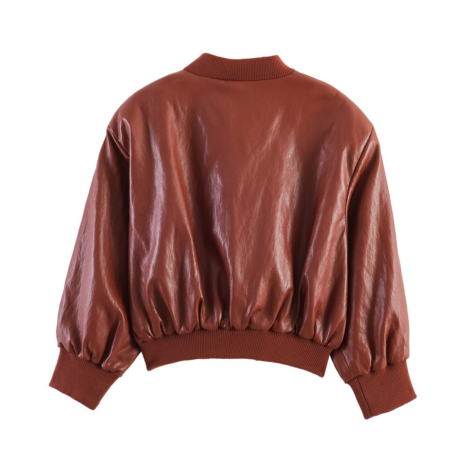 Women's Shiny Faux Leather Bomber Jacket with Ribbed Collar, Concealed Snap Button Placket and Kangaroo Pockets Chichicherry