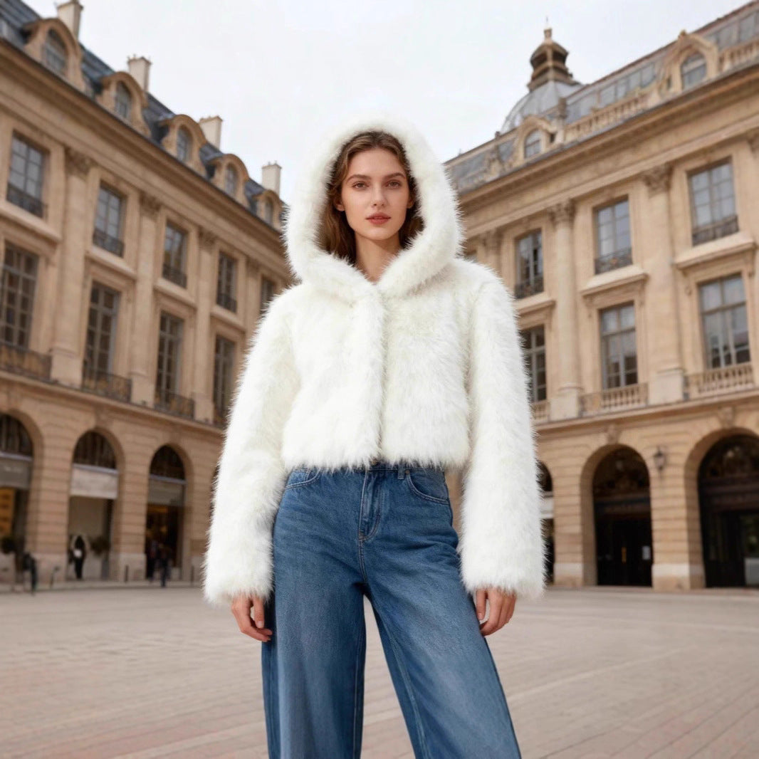Women's Cropped Faux Fur Jacket with Hood, Smooth High-Pile Look and Narrow Hem Chichicherry