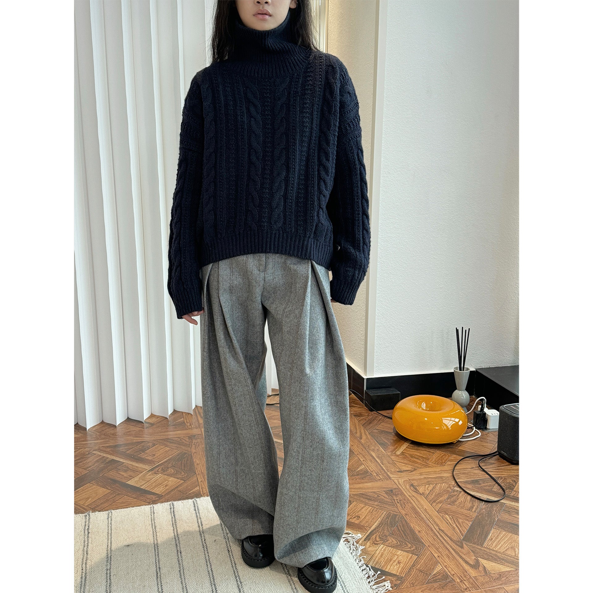Women Chunky Knit Turtleneck Sweater with Cable Pattern and Relaxed Fit Chichicherry
