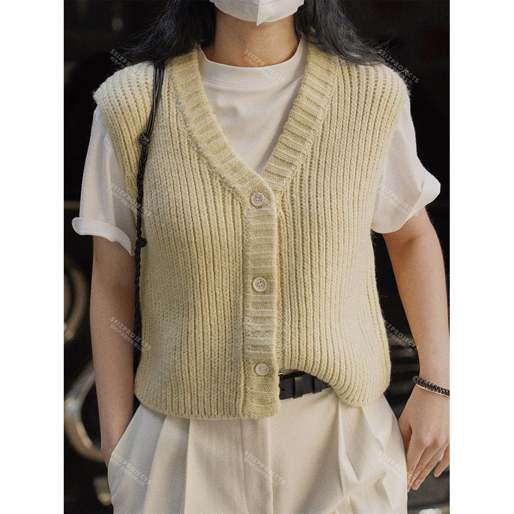 Women's Ribbed Knit Vest with V-Neck and Button Closure Chichicherry