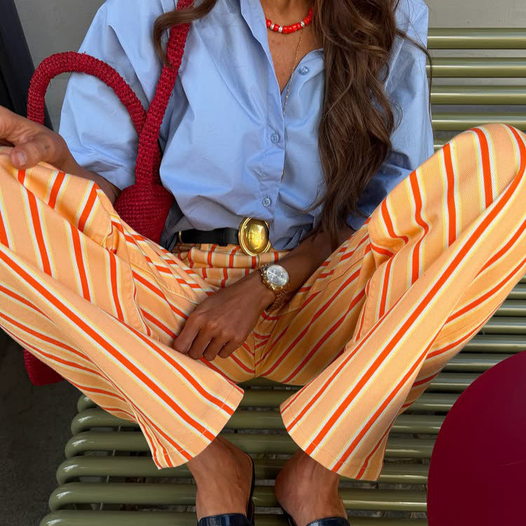 Women Wide Striped Linen Look Pants with High Waist and Straight Leg Chichicherry
