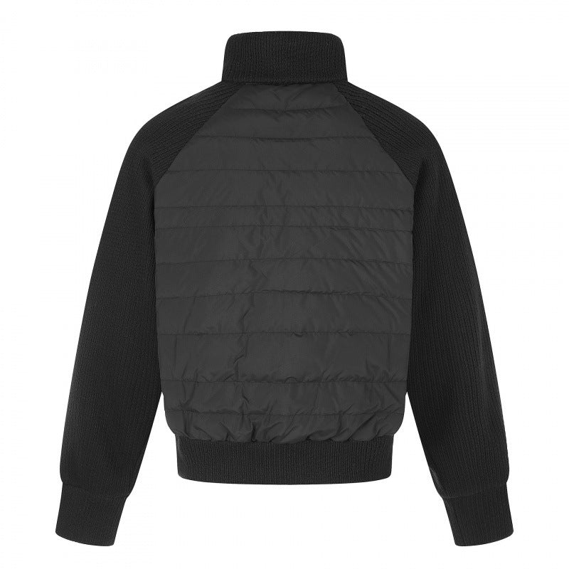 Women's hybrid quilted jacket with quilted front, chunky knit sleeves, and high stand-up collar Chichicherry