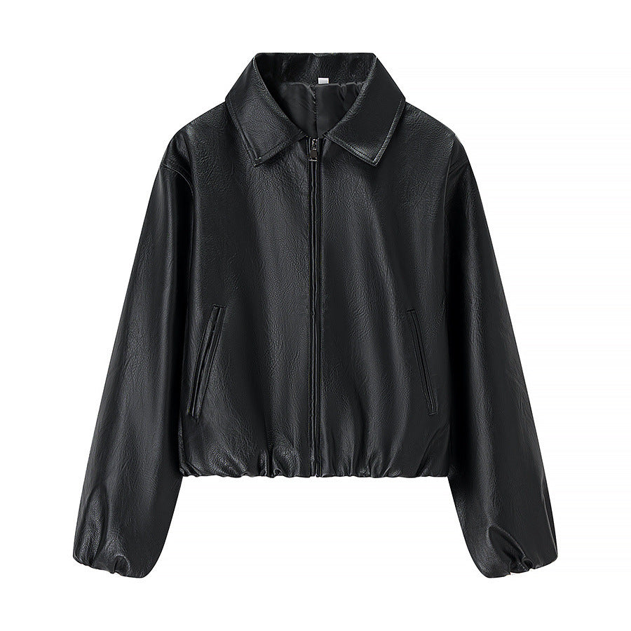 Women short cut leather imitation blouson with zipper and elastic hem Chichicherry