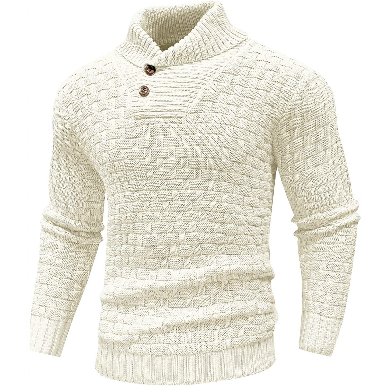 Men's chunky knit sweater with high roll neck, button placket and basket knit Chichicherry