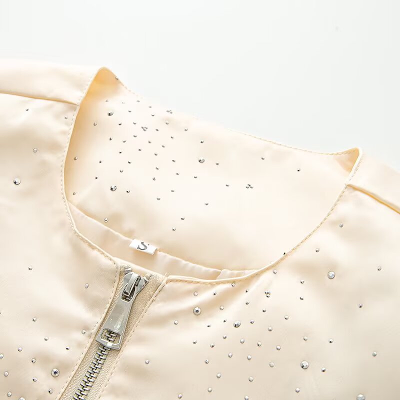Women's Shiny Bomber Jacket with Decorative Stone Trim and Elastic Hem Chichicherry