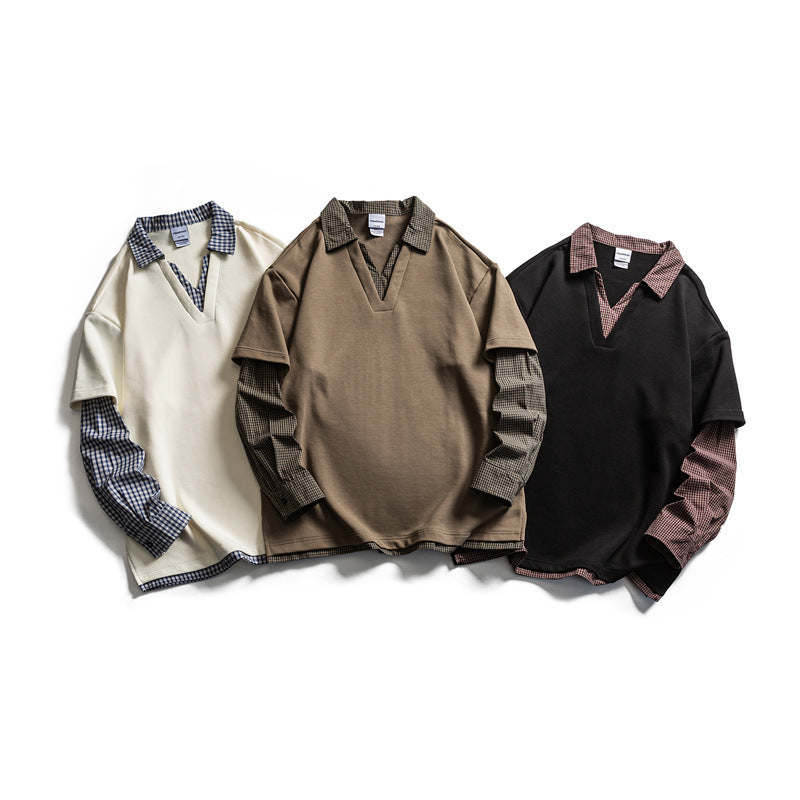 Men's layered look sweater with integrated check shirt collar and inserted shirt sleeves Chichicherry