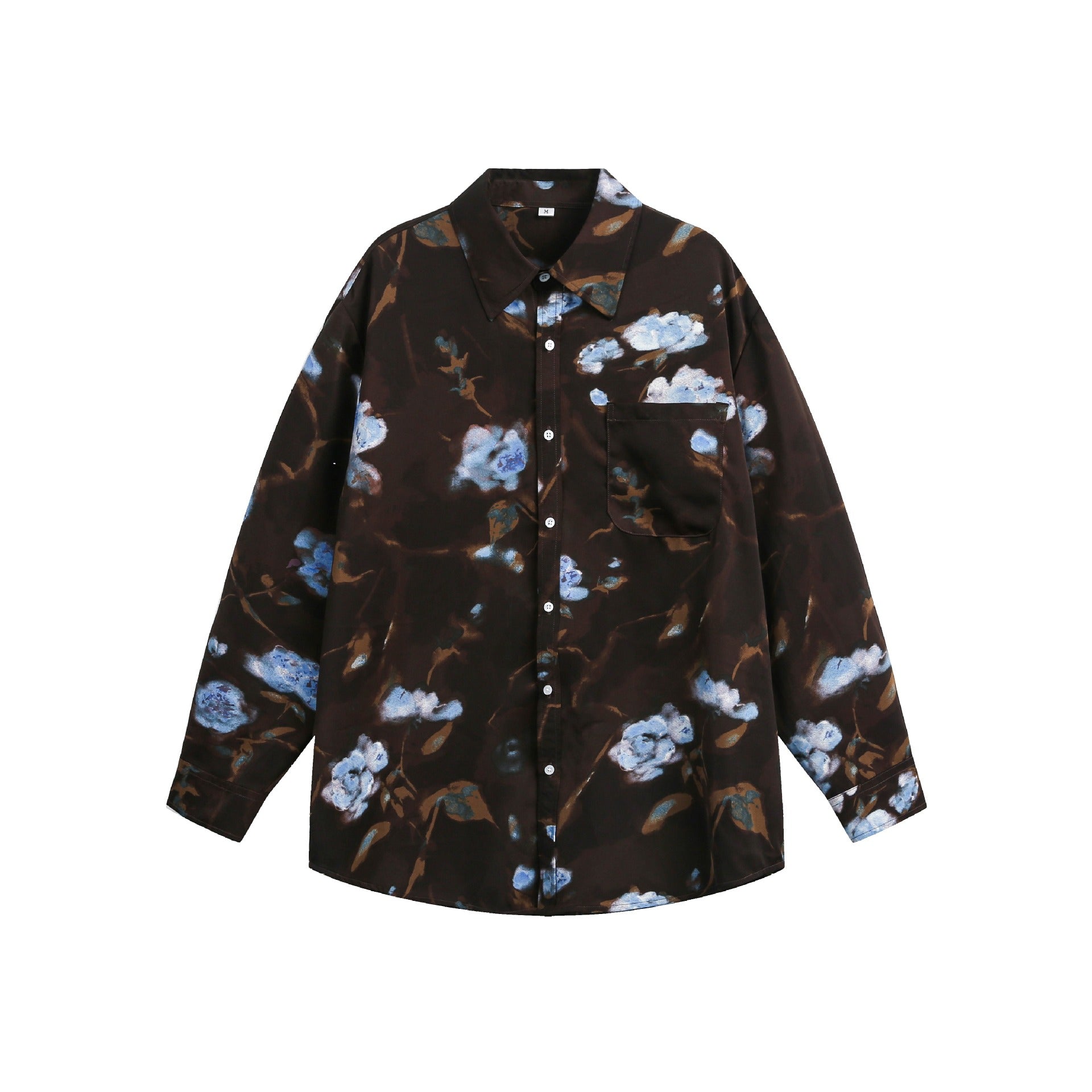 Women's Oversize Shirt Blouse with Floral Watercolor Print and Chest Pocket Chichicherry