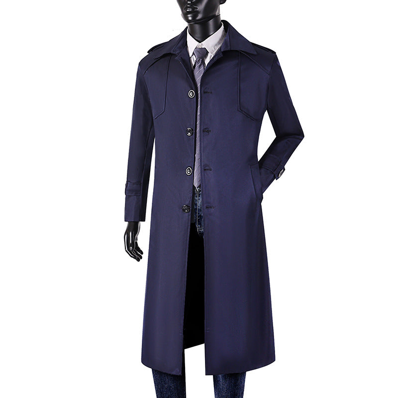 Men's Long Cut Trench Coat with Classic Lapels and Water-Repellent Finish Chichicherry