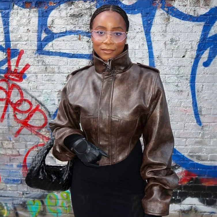 Women Cropped Faux Leather Corset Jacket with High Standing Collar and Extended Sleeves Chichicherry